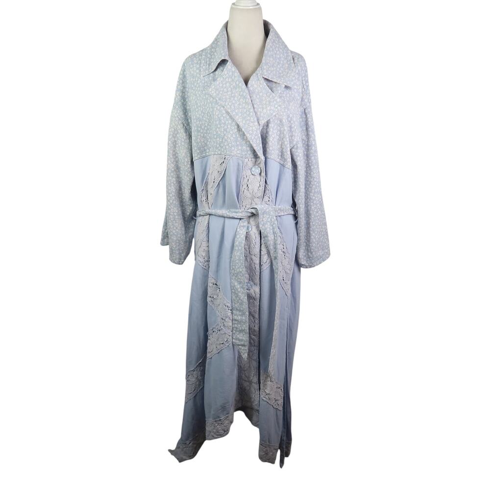 Blue and White Calico Floral Duster Trench Coat Lace Trim XL